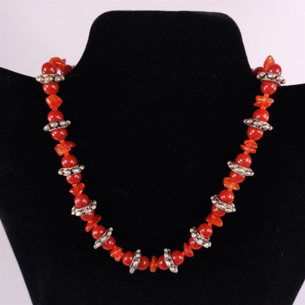 Furla Italy Stone Glass Bead Necklace Rust Brown Silver Tone 15